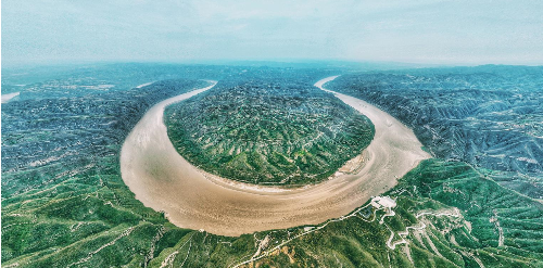 ?航拍的榆林市清澗縣太極圣境景區黃河太極灣